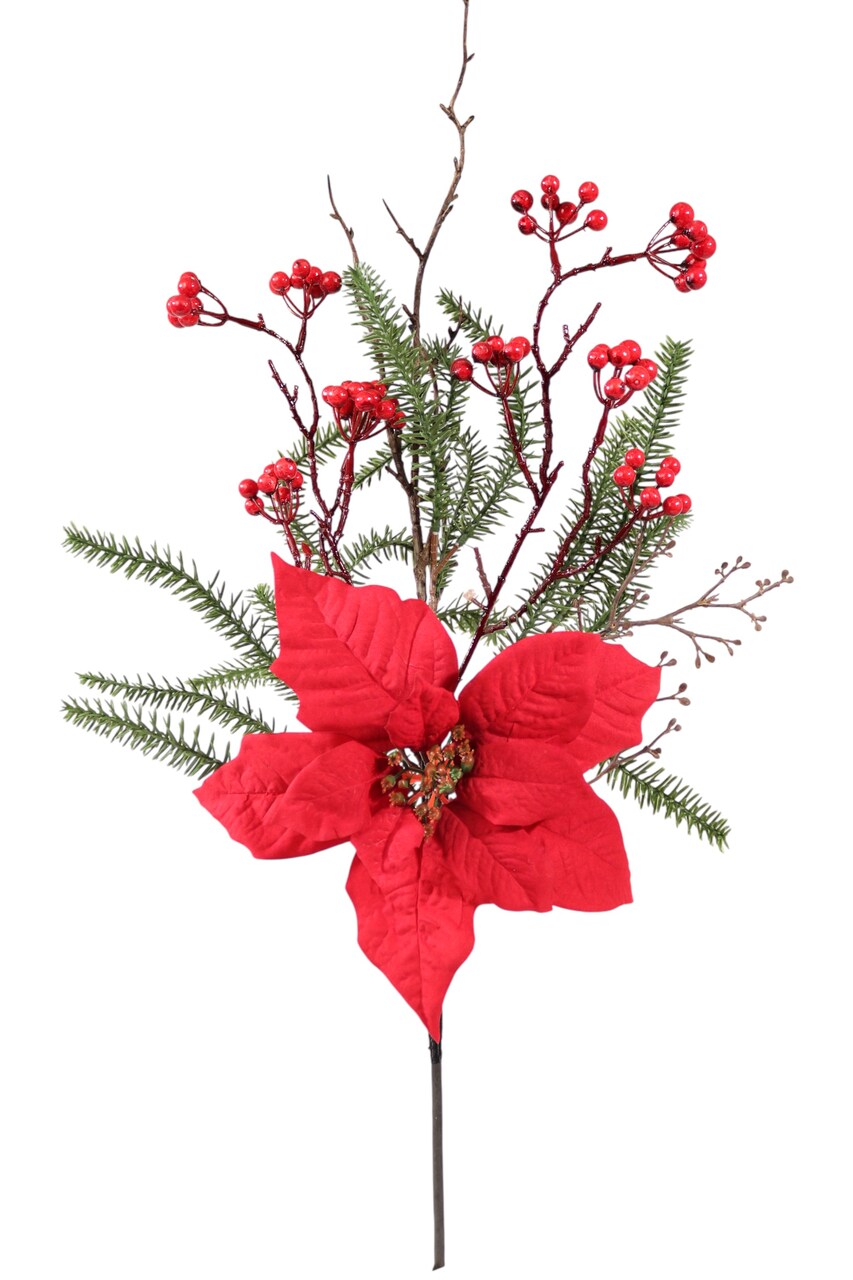 29" Poinsettia, Pine & Berry Spray – Red Artificial Holiday Floral Stem 3 Pack